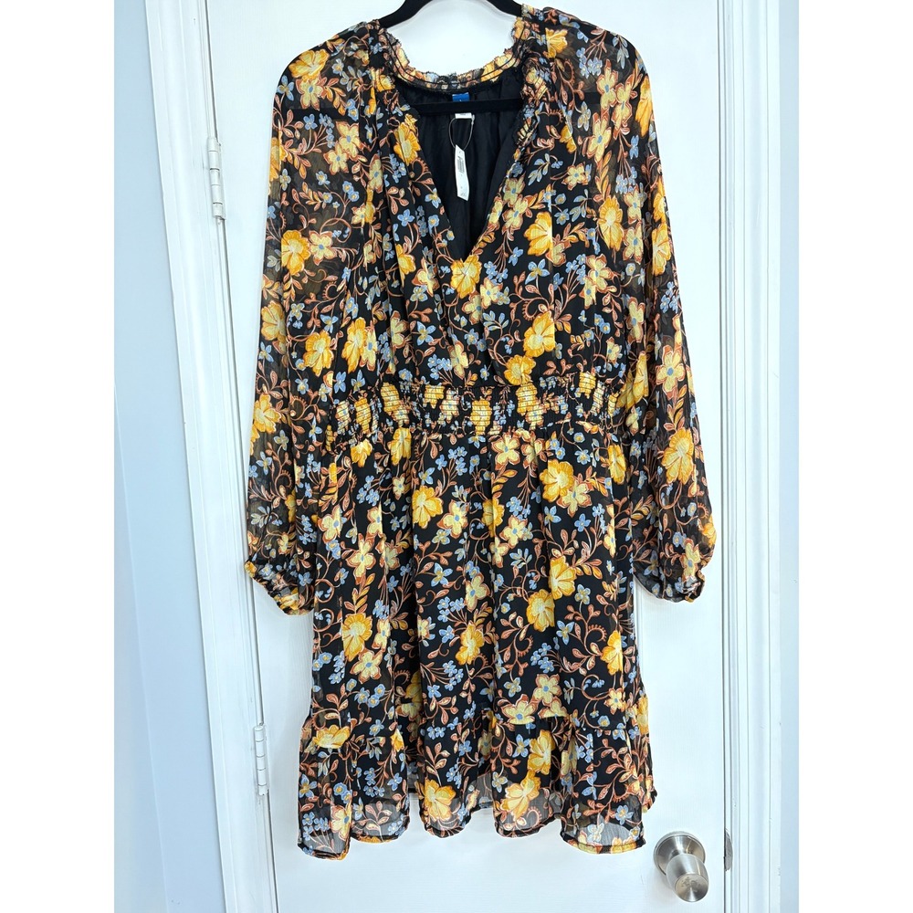 NWT Old Navy Cottagecore‎ L Floral Dress Long Sleeve Ruffle Hem Smocked Waist